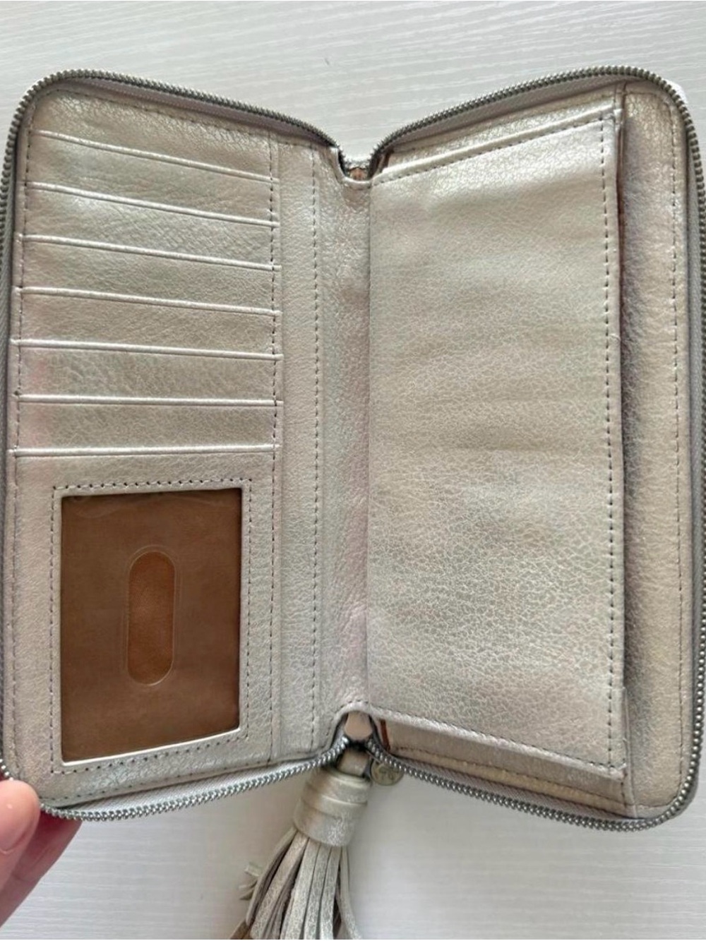 HOBO Metallic Silver Zip-Around Tassel Wallet